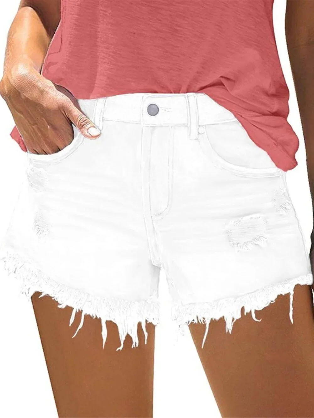 Ripped Mid Rise Denim Shorts for Women | Stylish Jean Shorts with Pockets